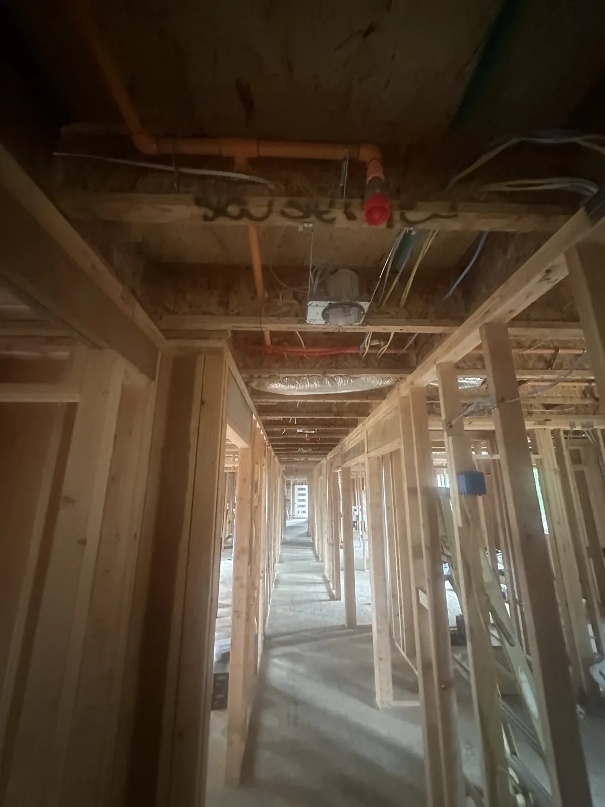 Framed corridor with bedroom door openings on both sides