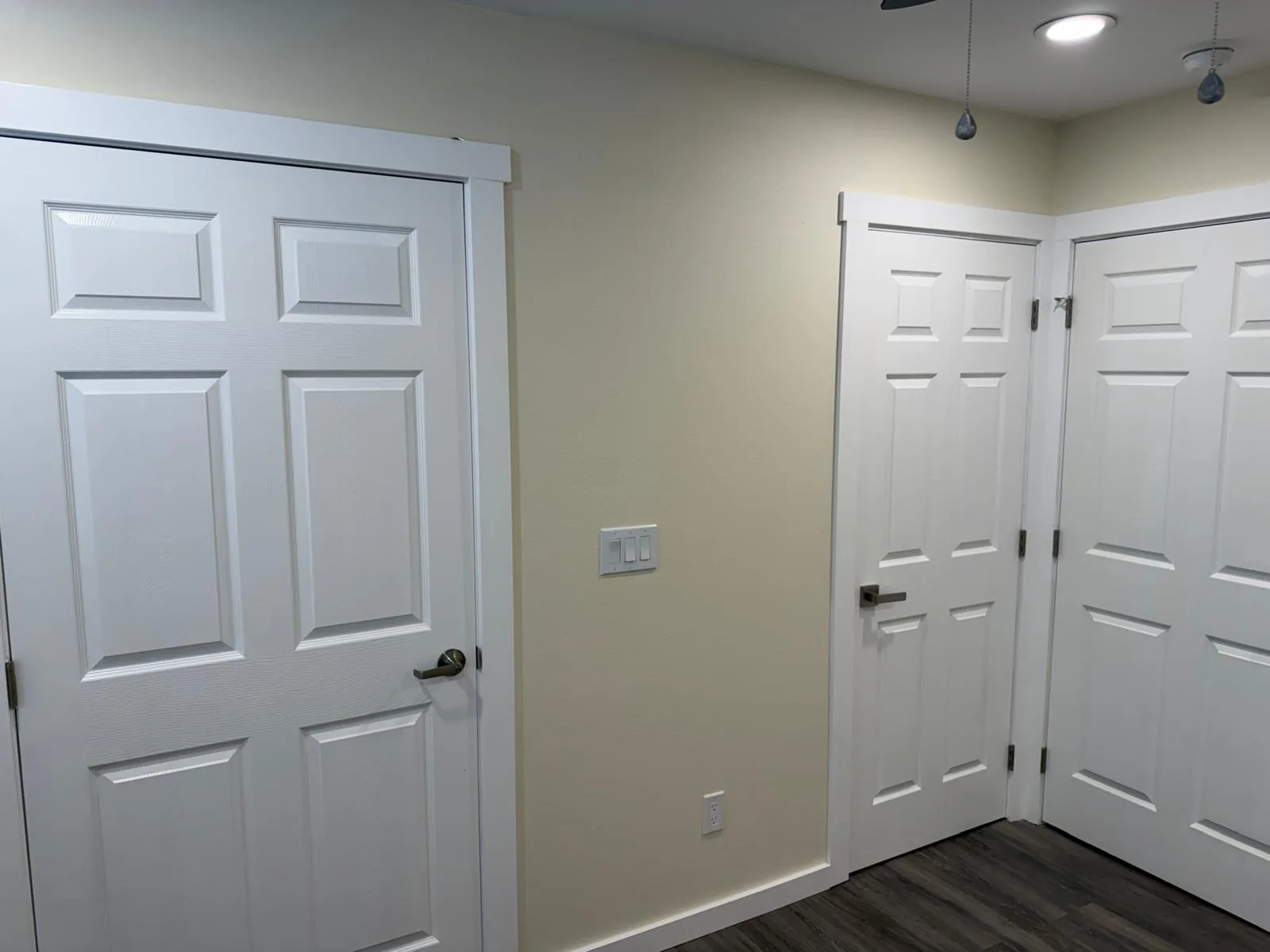 Hallway with white six-panel doors to bedrooms