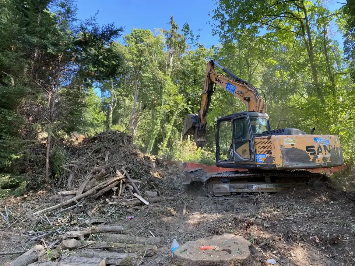 Tracked excavator working among felled trees and brush during clearing