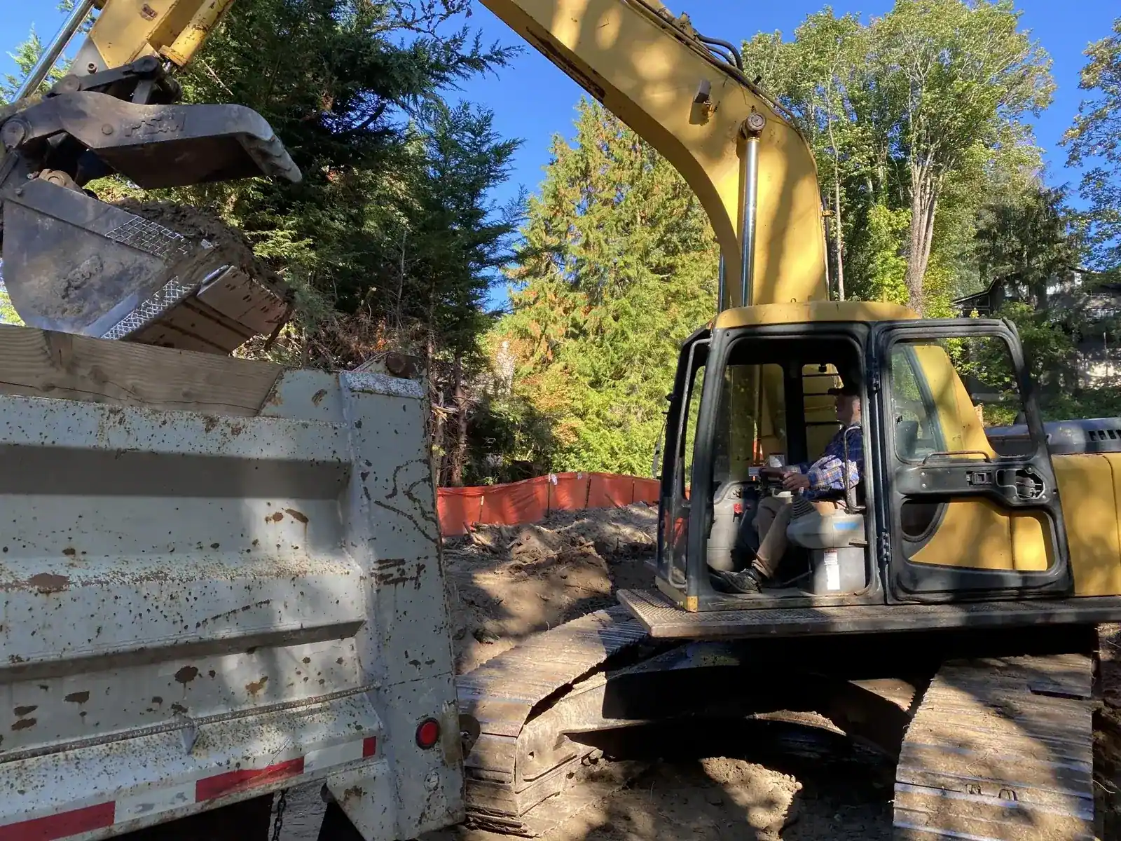 Excavator loading stumps and debris into a dump truck for haul-off