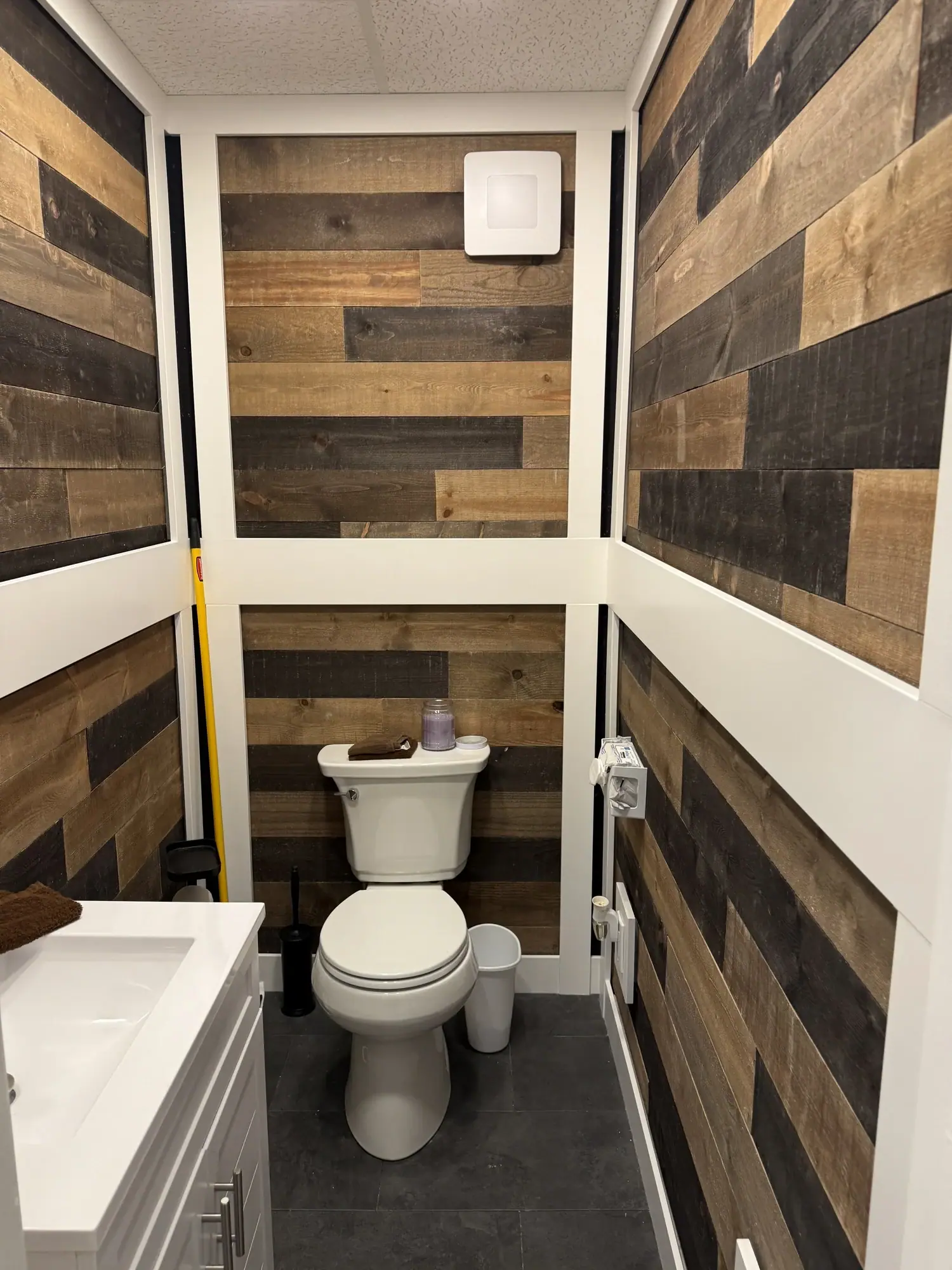 DADU bathroom with reclaimed-wood walls, toilet, and white vanity