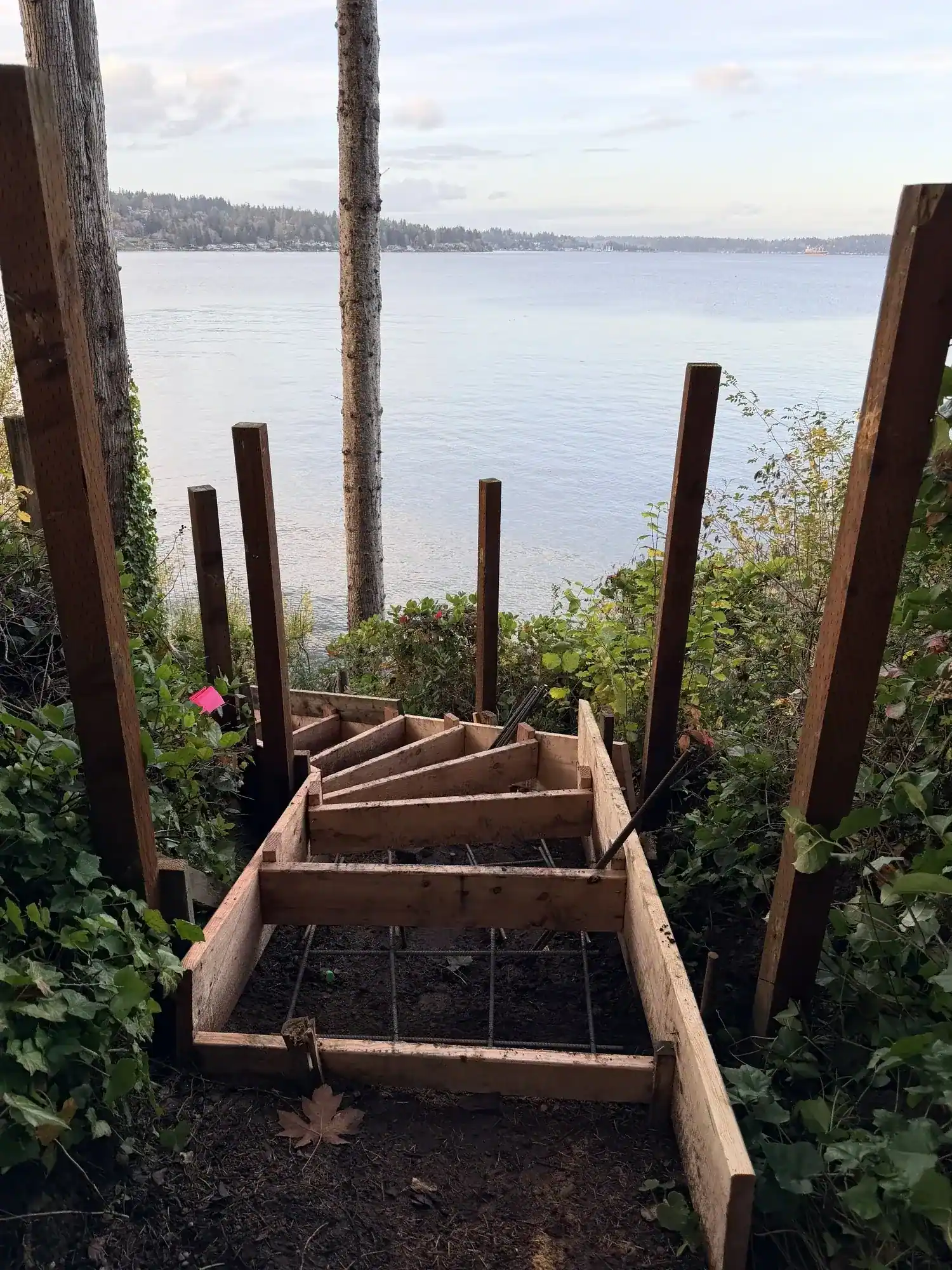 Stair forms and rebar looking down toward the water, with cedar posts set for the railing