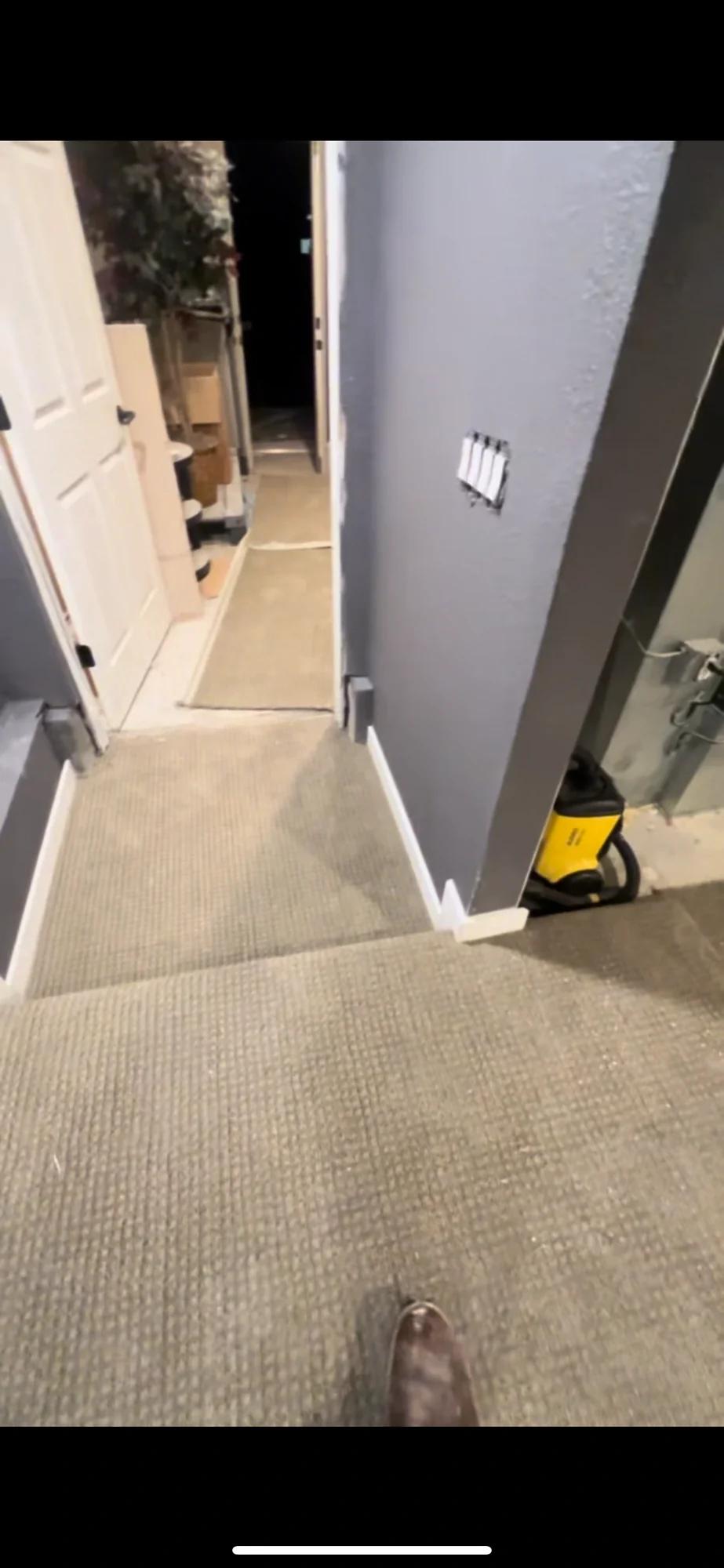 Doorway into the dark home theater with carpet and gray walls
