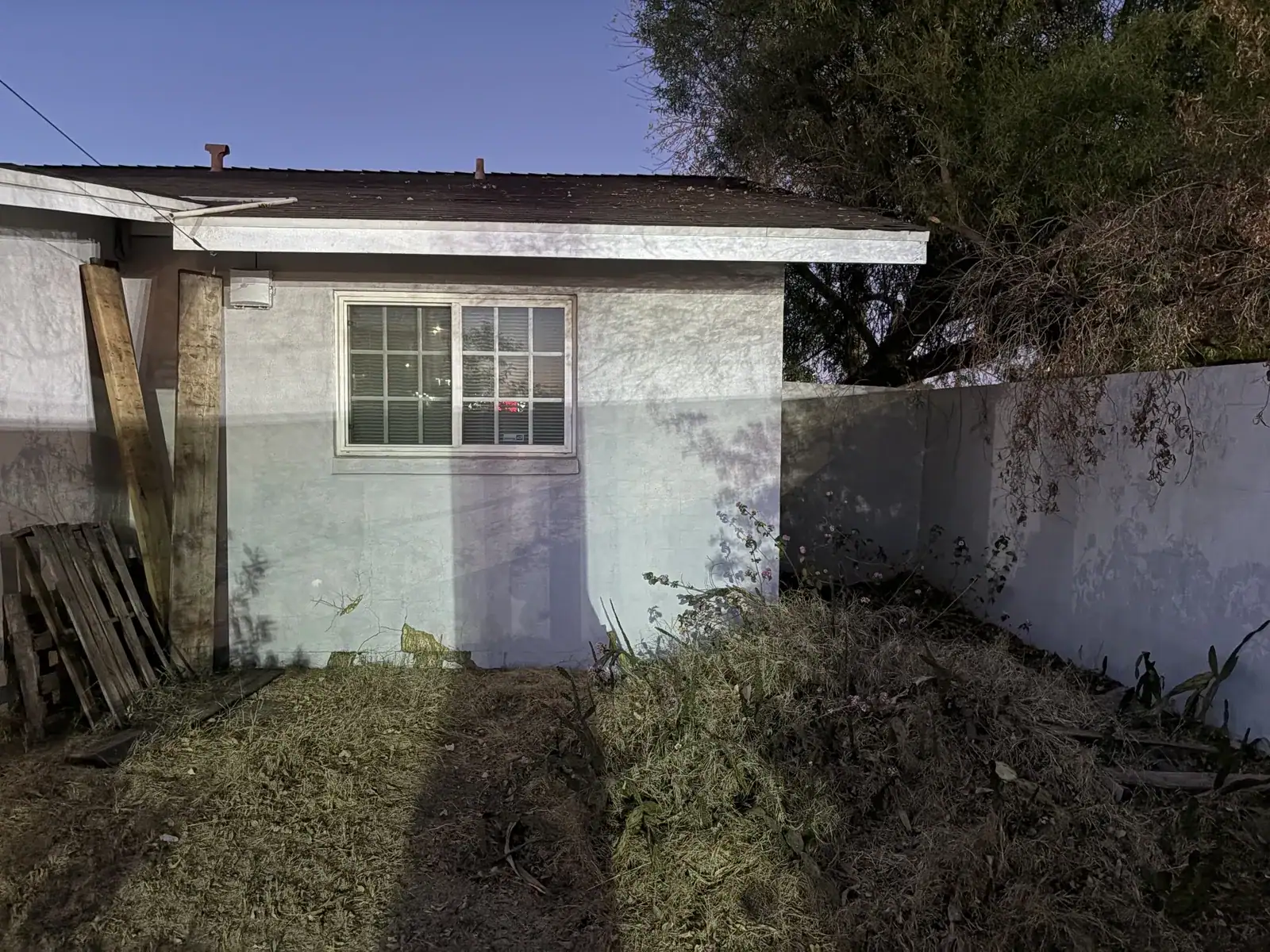 Before: side of the house with peeling paint and an old shed