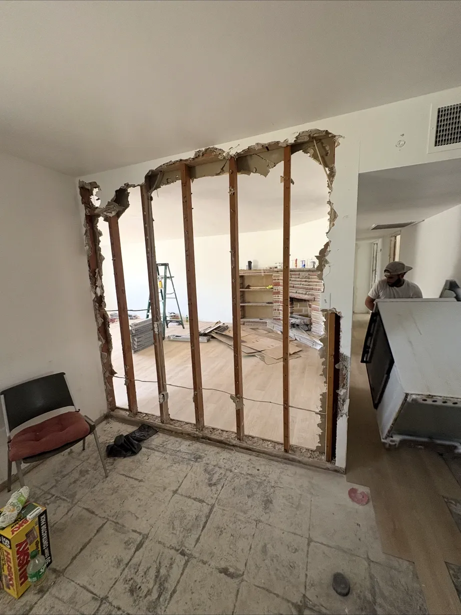 Partition wall opened to the studs during demolition